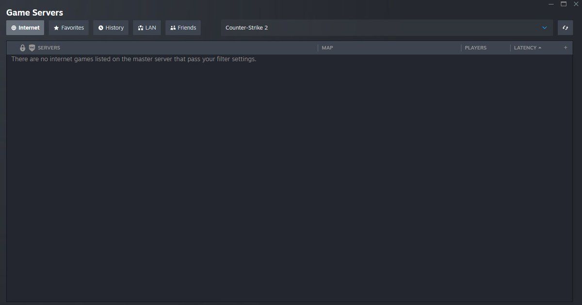 For some unbeknownst reason the API responsible for populating the Server Browser for CS2 just stopped responding.