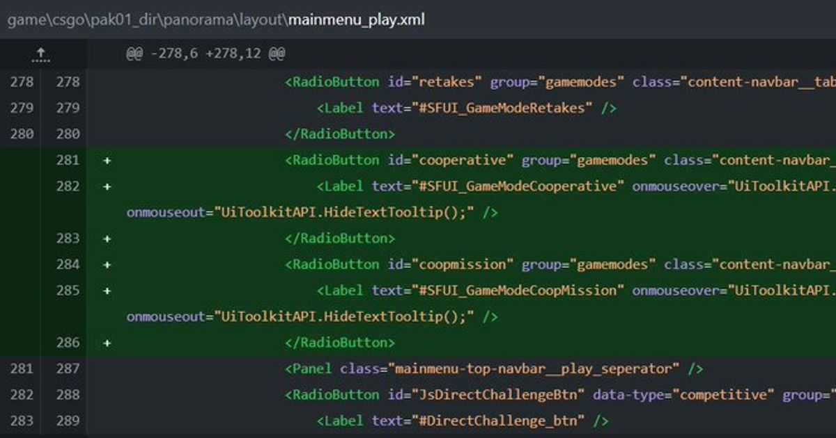 New CS2 update mentions "cooperative" and "coopmission" tabs in the gamemodes navigation menu.