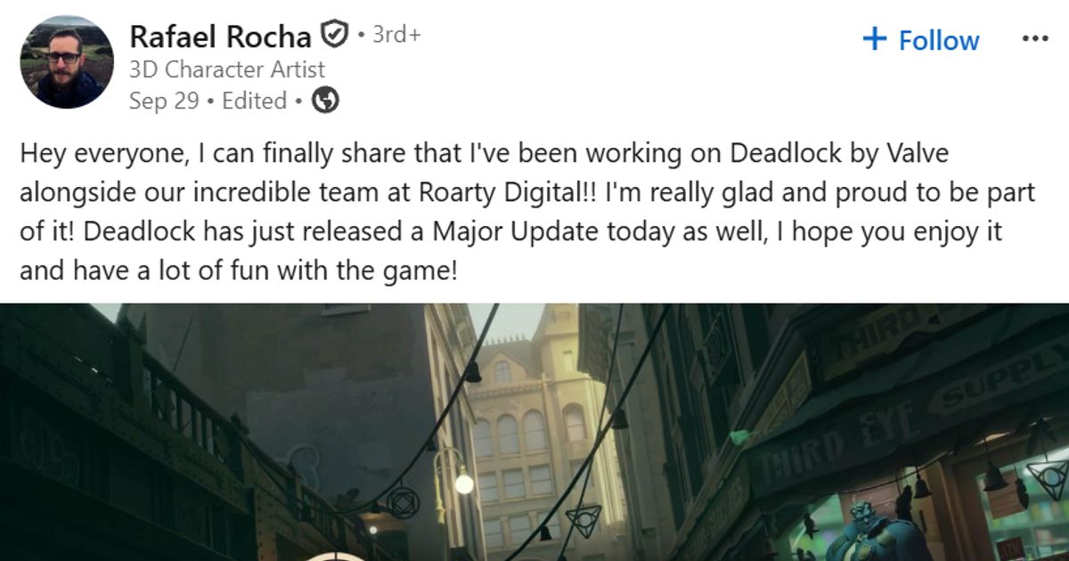 Rafael Rocha, a 3D character artist, announced that he and his team at Roarty Digital are now working on Deadlock.